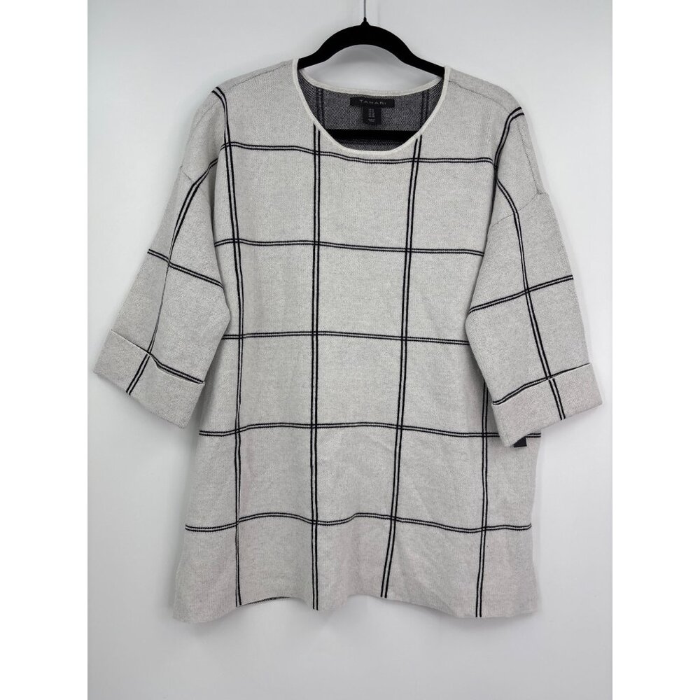 Tahari Perfect Shape Pullover Sweater Windowpane Plaid White Black 1X NEW - Picture 2 of 7